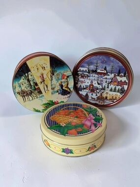 Collin Street Bakery Holiday Tins & Strawberry Basket Tin Lot Set of 3 Vintage